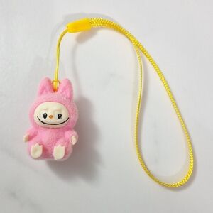 NEW MINI LABUBU LAFUFU FLOCKED CHARM KEYCHAIN  WITH STRAP, PINK